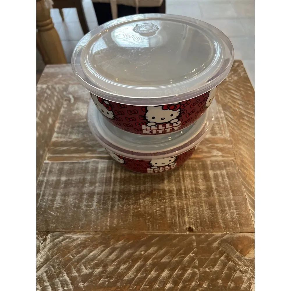 New Sanrio Hello Kitty 2 Piece Ceramic Food Storage Bowls Containers Lids‎ Set
